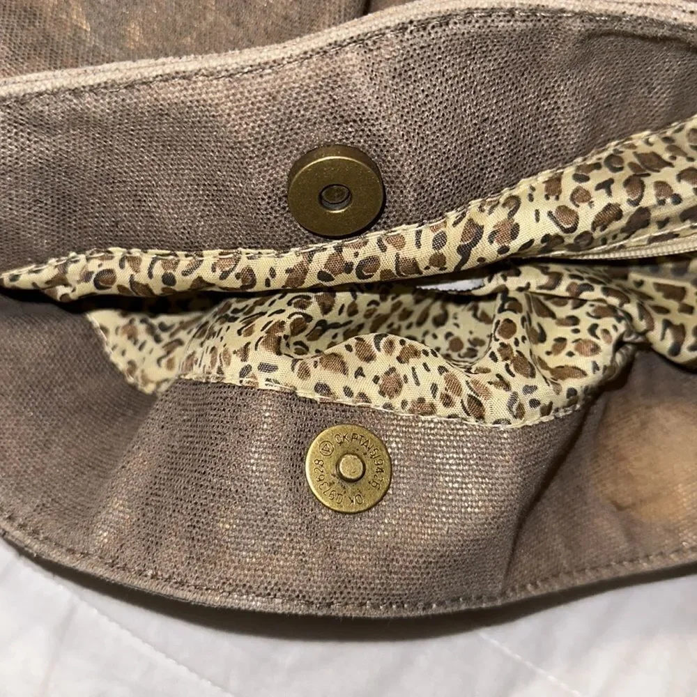 Braciano Metallic Canvas Tan Brown Leather Combo Hobo Shoulder Bag Purse